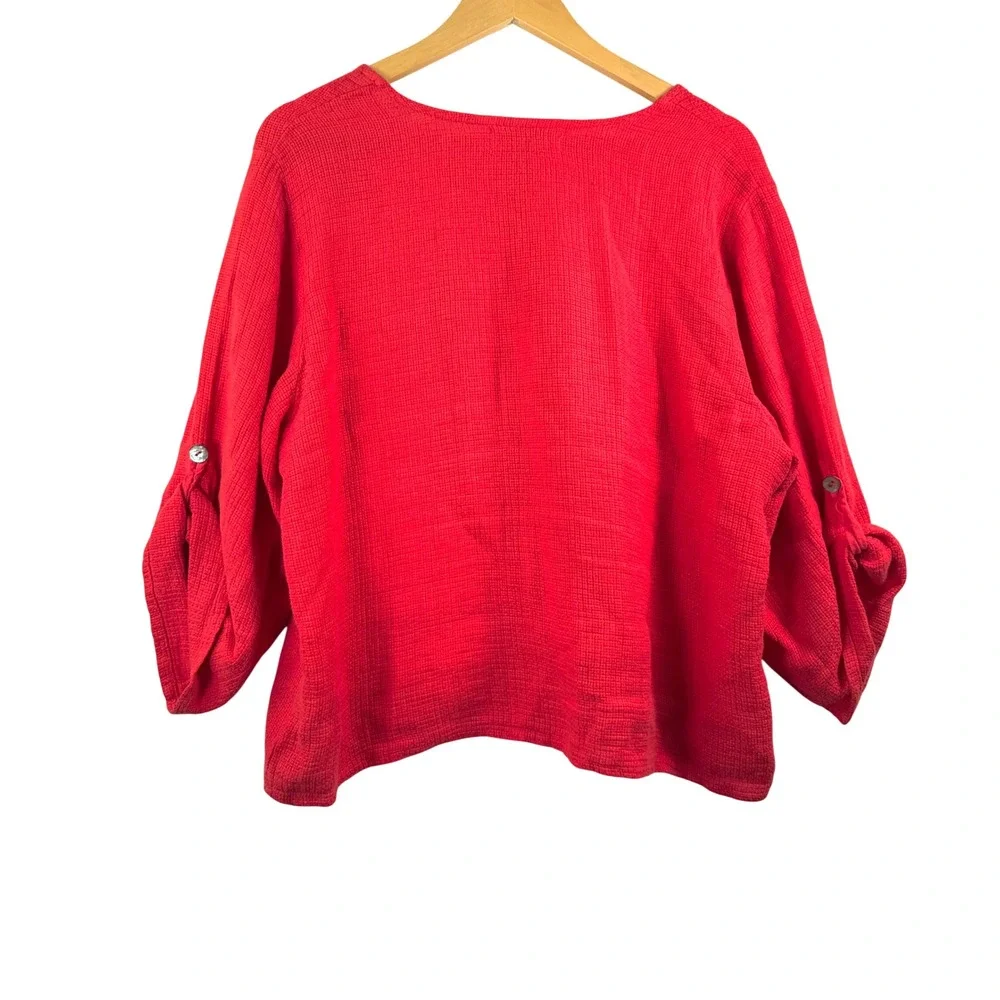 Willow Linen Top sz M/L Red 3/4 sleeve Boxy Lagenlook USA preppy minimalist - Picture 3 of 7